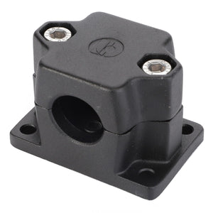 The AGCO Bridle - Acw3478670 is a black metal bearing housing featuring two hexagonal screws on the top and a circular opening in the center; it is mounted on a sturdy rectangular base with four screw holes.