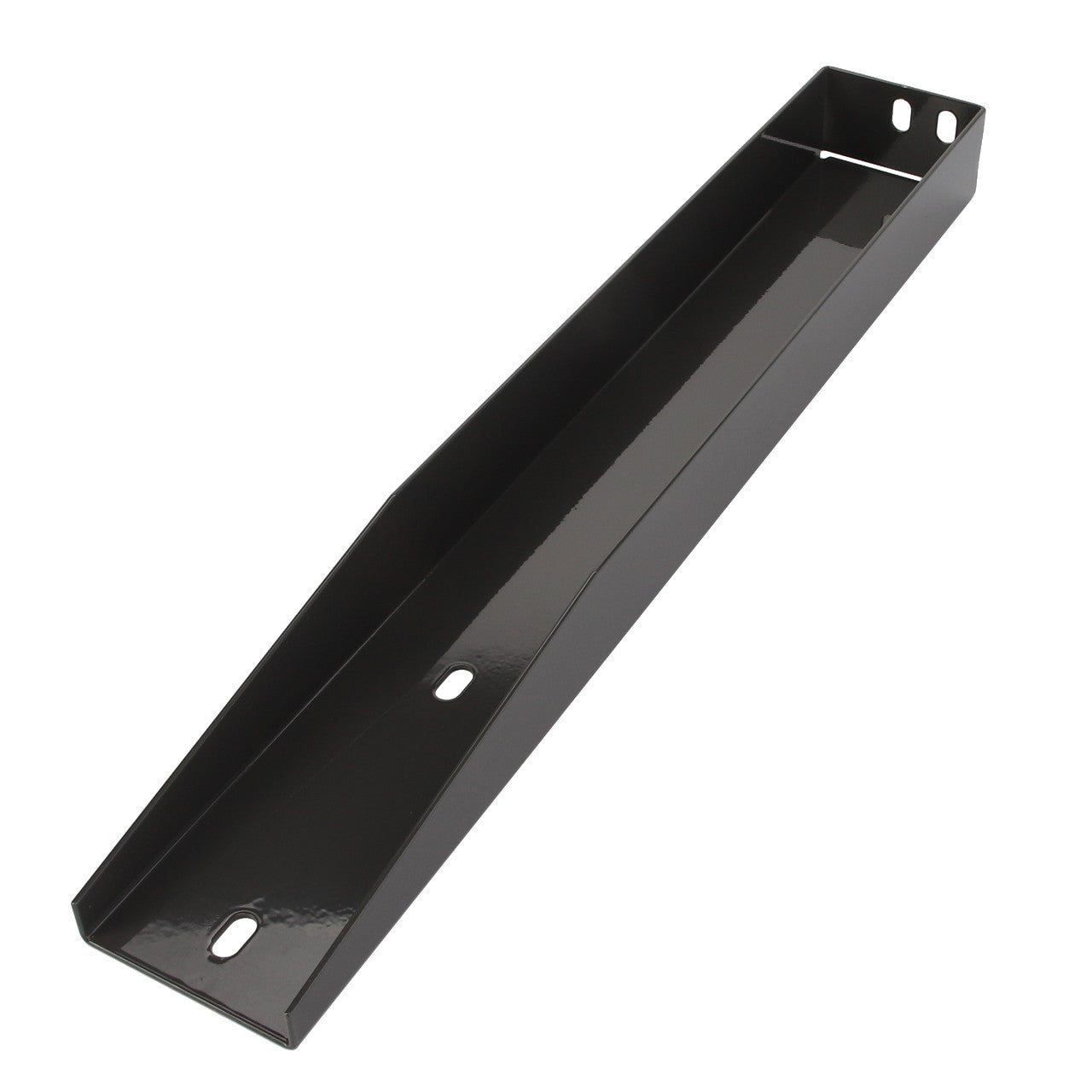 The AGCO BRACKET - D28788456 is a black rectangular metal tray featuring angled sides and two oval mounting holes. Note: No current product description information available.