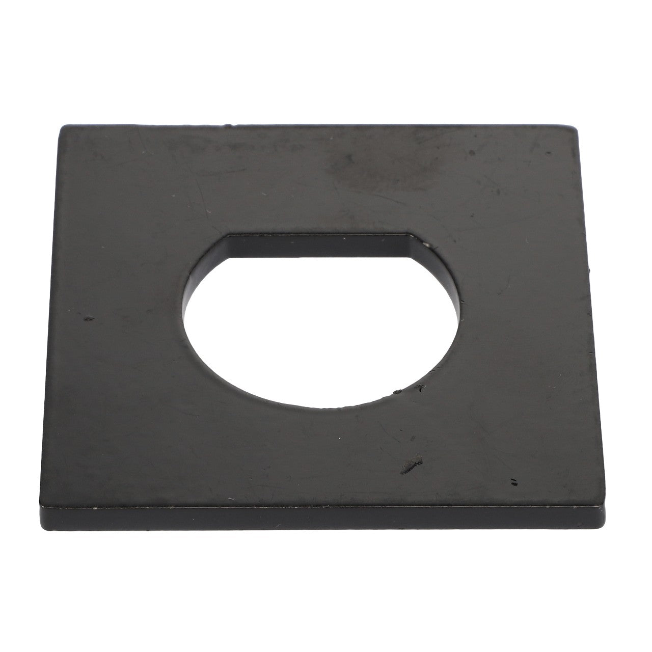 The product AGCO | WASHER - E65134 by AGCO is a black square metal plate featuring a circular hole in the center; no current product description information is available.