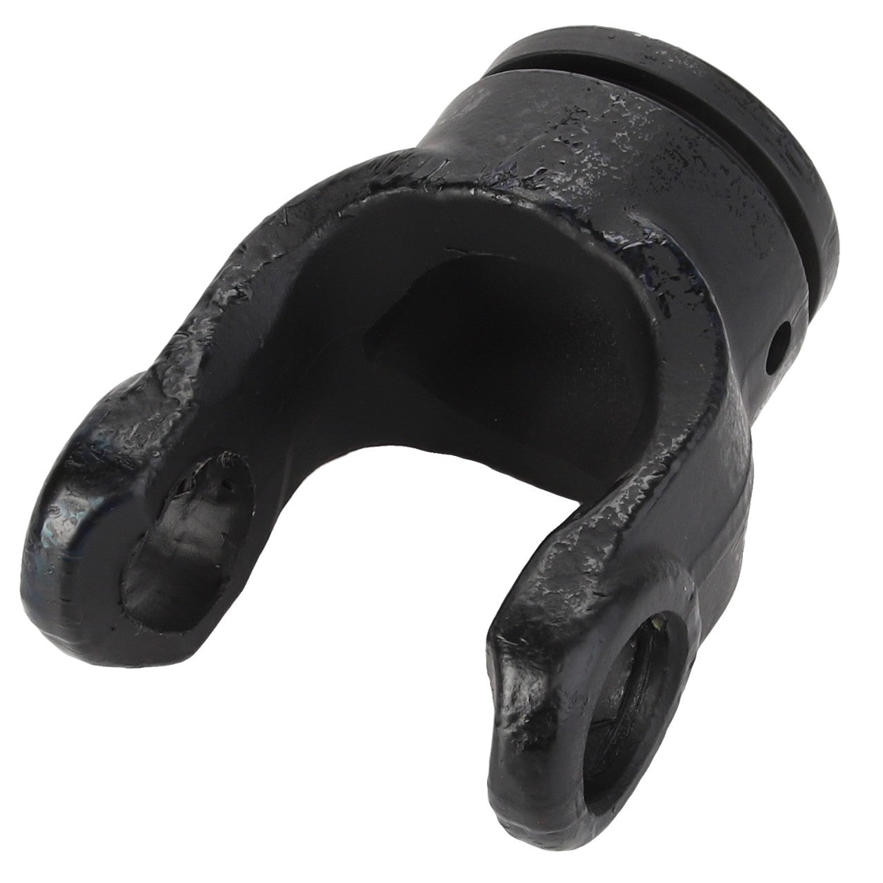 The AGCO | YOKE - D45634400 by AGCO is a black, cylindrical metal component with a U-shaped fork on one end, featuring some wear and a rough surface texture. Currently, no product description information is available.