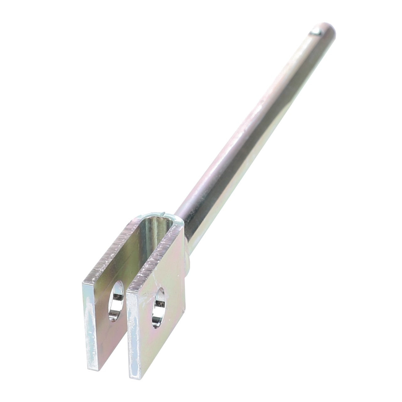 The AGCO ROD - V30672010 is a metal rod with a forked end featuring two holes, designed as part of a mechanical linkage or connecting component. No current product description information is available.