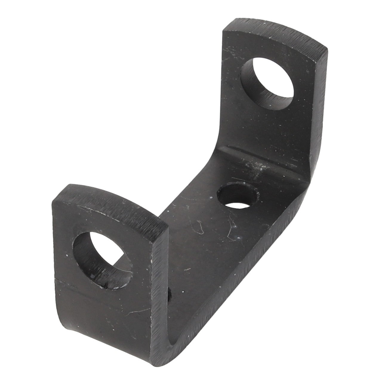 The AGCO | BRACKET - D28230472 is a black, U-shaped metal bracket featuring two holes on each upright and one hole in the center of the base. The product description details are not currently available.