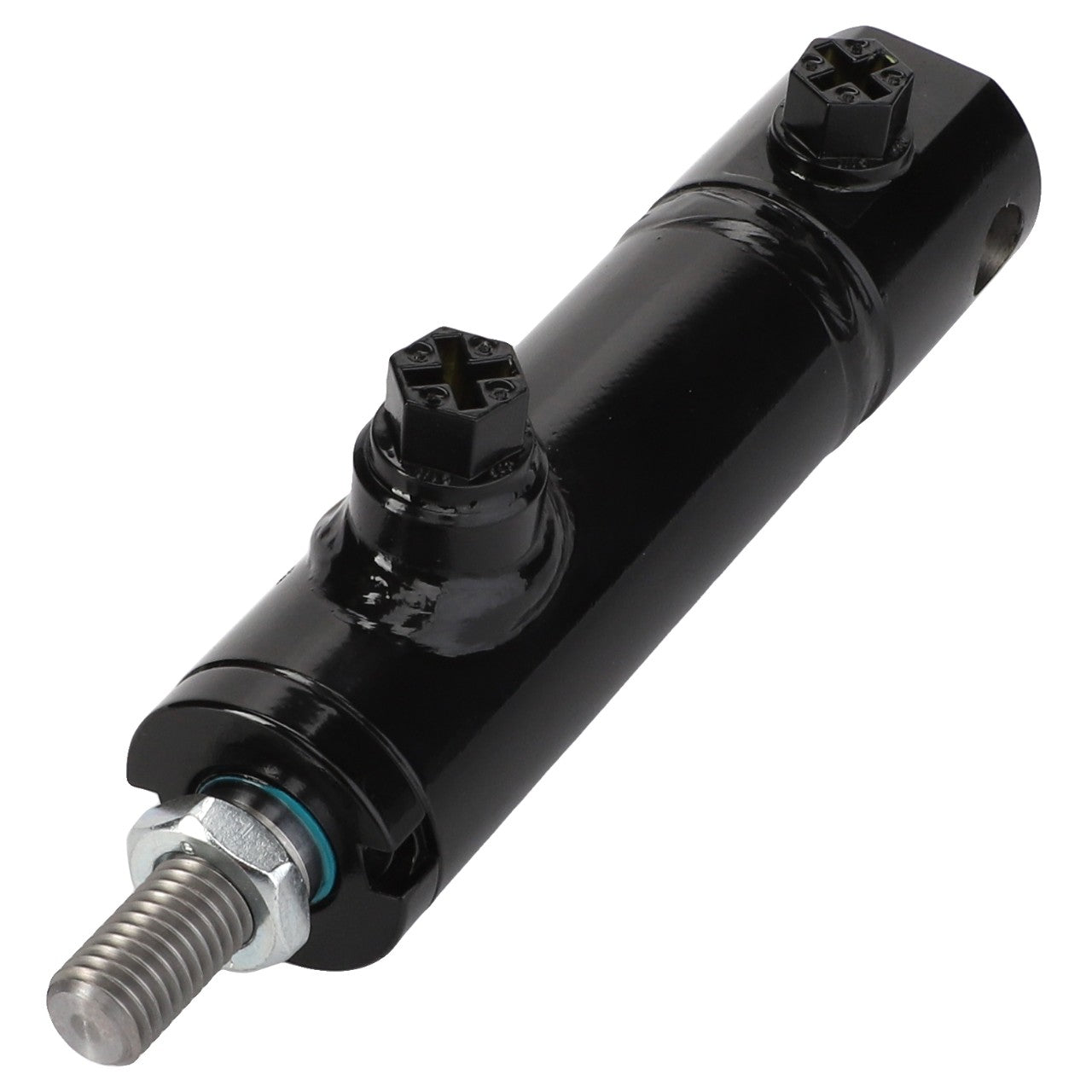 The AGCO Hydraulic Cylinder - D45140031 is a black hydraulic cylinder featuring a threaded rod end and two ports on the body, but currently lacks an available product description.