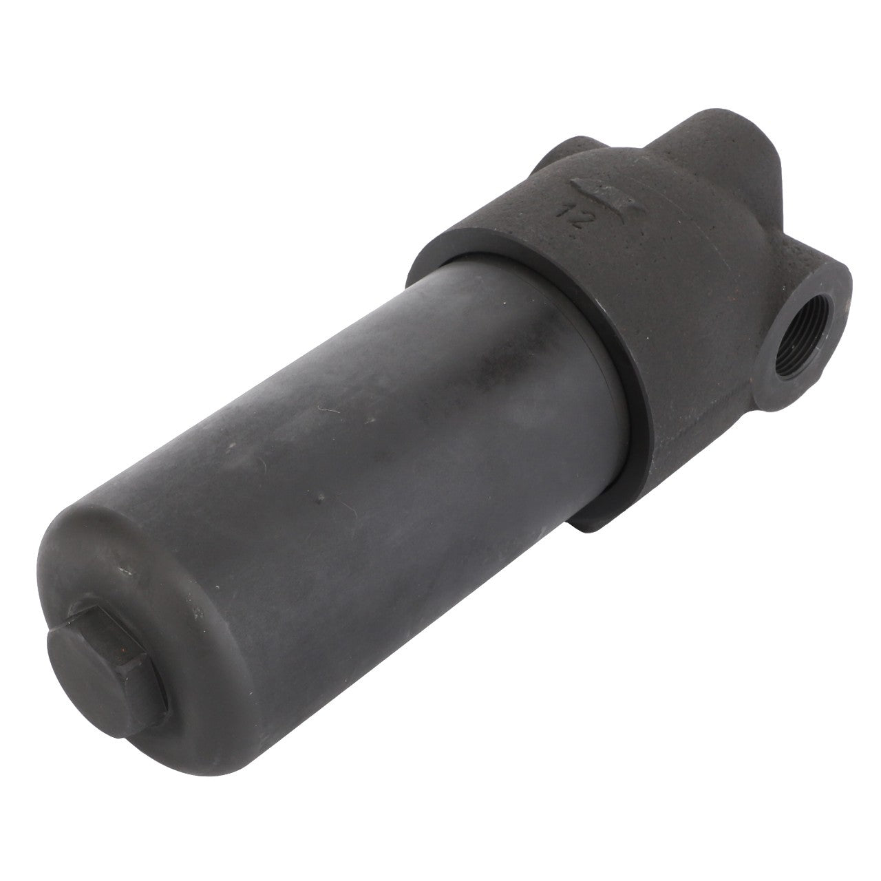 The AGCO Filter - Acp0328820 is a cylindrical black hydraulic filter equipped with connectors. It features a hexagonal cap on one end and an inlet/outlet port on the side. No current product description is available for this item.