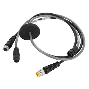 The AGCO Cable - Acw190763A, a black and gray cable featuring multiple connectors and a circular rubber component in the middle, is isolated on a pristine white background.