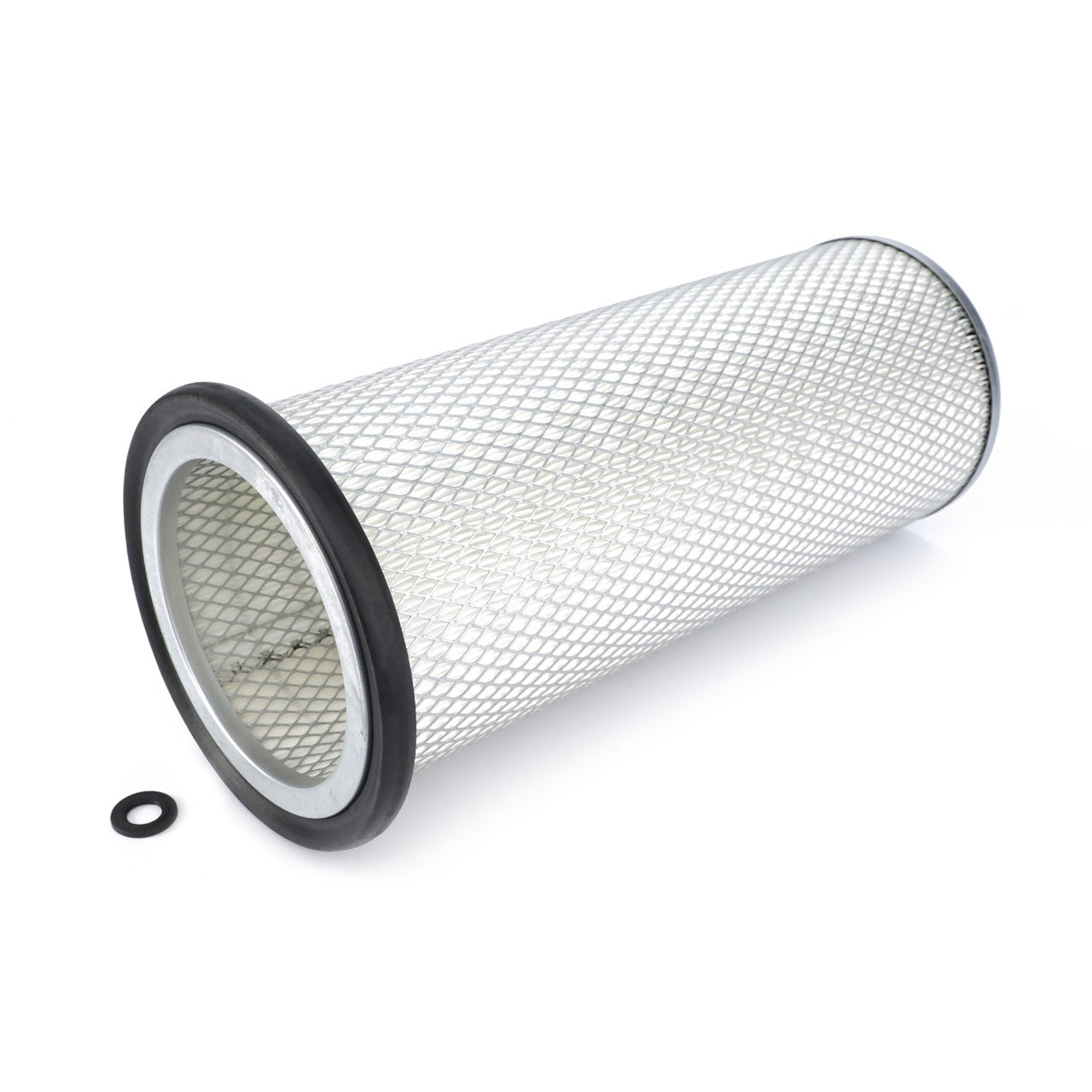 An AGCO Engine Air Filter Cartridge - La1930748 with a cylindrical design, metal mesh exterior, and rubber ends is lying on its side. A small rubber O-ring rests beside it. This high-quality AGCO product ensures top-notch filtration efficiency to protect your engine effectively.