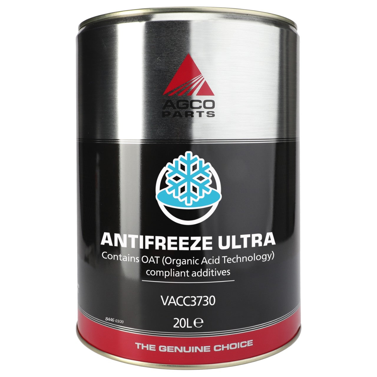 A 20-liter metal container of AGCO Parts Antifreeze Ultra, featuring a snowflake icon and containing OAT Technology compliant additives for optimal engine cooling system performance. Product Code: Vacc3730.