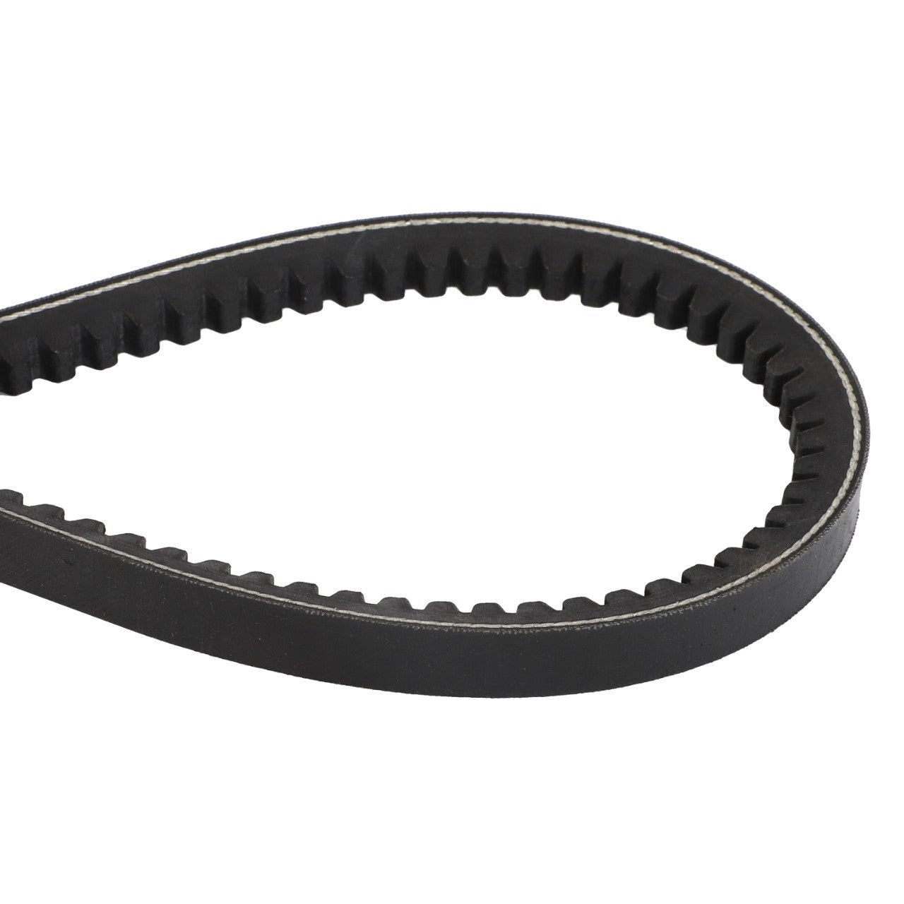 Close-up of the AGCO | BELT - D41921800, a black toothed timing belt with a teardrop-shaped loop, showcasing its finely detailed ridged inner surface.