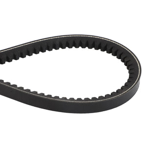 Close-up of the AGCO | BELT - D41921800, a black toothed timing belt with a teardrop-shaped loop, showcasing its finely detailed ridged inner surface.