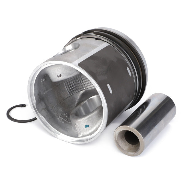 A metal cylindrical engine piston, AGCO | Piston - V836640073 from the AGCO brand, along with accompanying components such as a piston pin and retaining ring, designed for optimal combustion in Massey Ferguson Models, displayed on a plain white background.