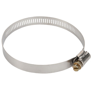 The AGCO Clamp - Acp0010410 is a sturdy metal hose clamp featuring a slotted band and a precision screw for secure tightening.