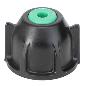 Black plastic cap with four ridged protrusions and a green circular insert in the center, compatible with Pentair Hypro Replacement Check Valve featuring Viton seals. Officially named AGCO | NOZZLE CAP - AG334231 by the brand AGCO.