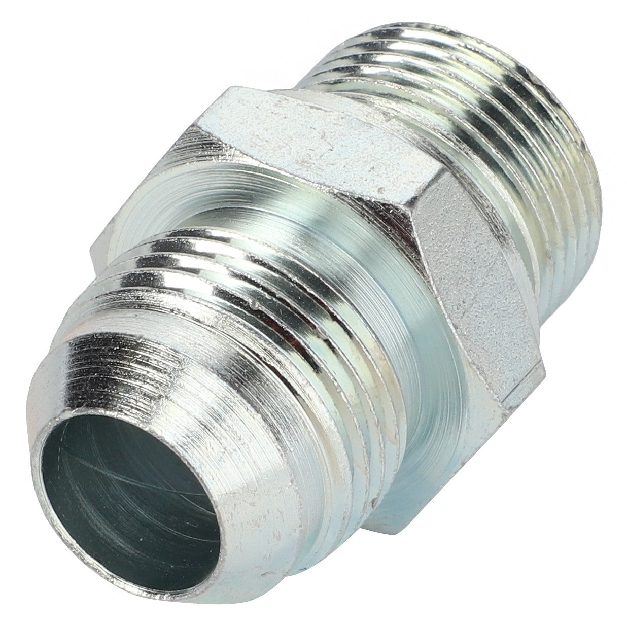 Close-up view of the AGCO Adapter (model AL5027463), which features a metallic threaded connector with a hexagonal central body and two male threading ends. No current product description information is available for this item.