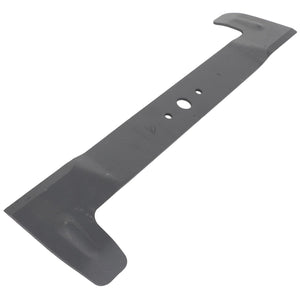 Introducing the AGCO | BLADE - CG1820043411, a premium black metal lawn mower blade from the renowned brand AGCO. This precision-engineered blade features a central mounting hole flanked by two smaller holes, curved ends, and a slightly angled cutting edge for optimal performance.