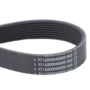 Close-up of an AGCO | Serpentine Belt, Pk8 Profile - F716200040020 with black ribbed surface and white alphanumeric markings, ideal for Massey Ferguson models.