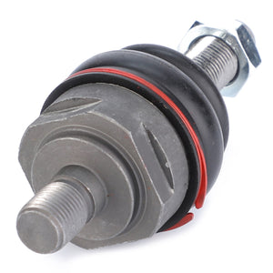 Close-up image of the AGCO Ball Joint - 0.010.2460.0, made from high-grade steel with a threaded shaft, nut, and rubber seal. The ball joint shows grooves for tightening with a wrench and features a distinctive red ring around the rubber seal.