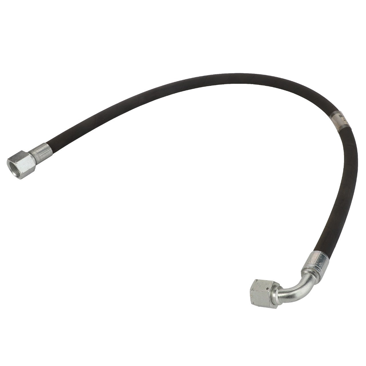 No current product description matches the versatility of our AGCO Hydraulic Hose - AL9030900. This flexible rubber hose features metal connectors at both ends, with one straight end and a 90-degree angled end, making it the perfect solution for various applications.