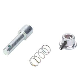 A metal rod with a hole, a coiled spring, and a cylindrical component with a small protruding pin, all placed against a white background—ideal linkage components from AGCO's Slip Through Security, Automatic Clevis - F416500070100.