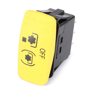 A yellow and black AGCO electrical switch, labeled with symbols and the word "OFF," compatible with Massey Ferguson Models, specifically the AGCO | Switch, Rocker, Pto - 4290446M3.