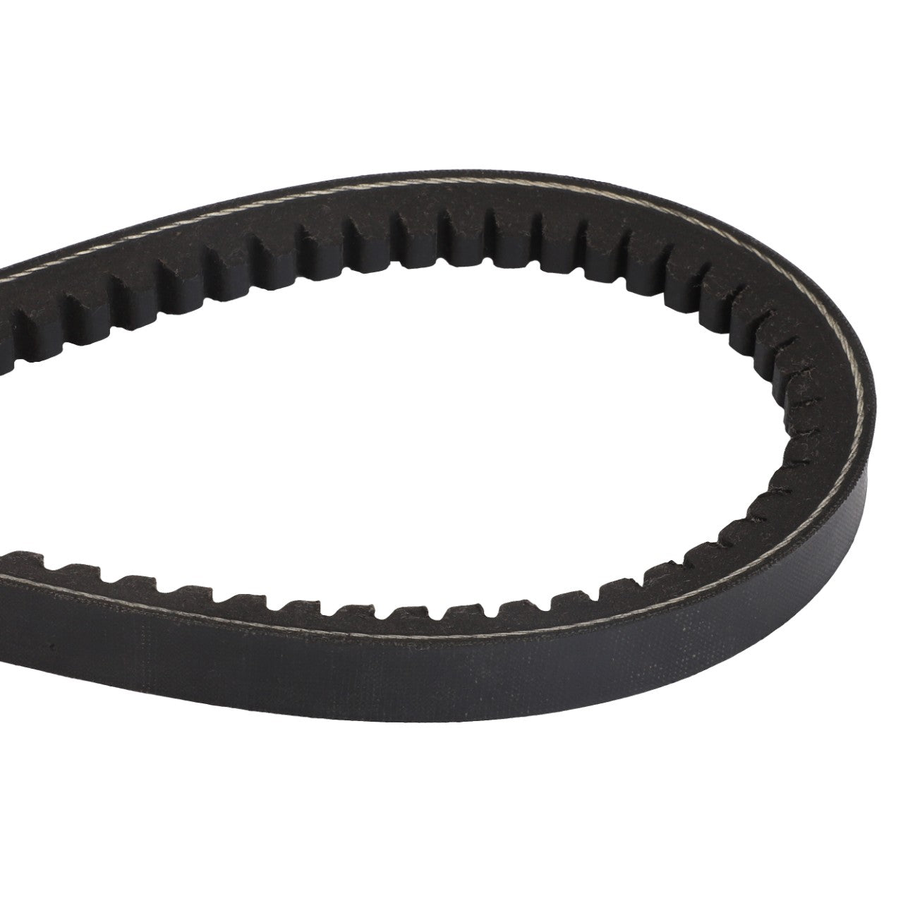 Close-up of the AGCO V BELT - D41921500, a black, ribbed industrial belt forming a loop, commonly used in machinery for transferring mechanical power with precision.