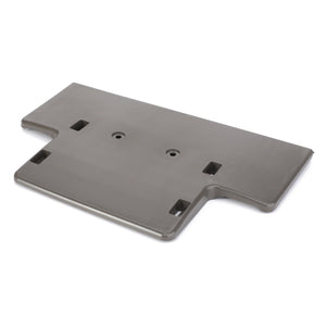 The AGCO Guide Piece - 716501021031 is a rectangular, flat gray plastic mounting bracket designed for Valtra models. It features multiple cutouts and holes, including a larger cutout at the bottom center and two smaller holes in the middle.