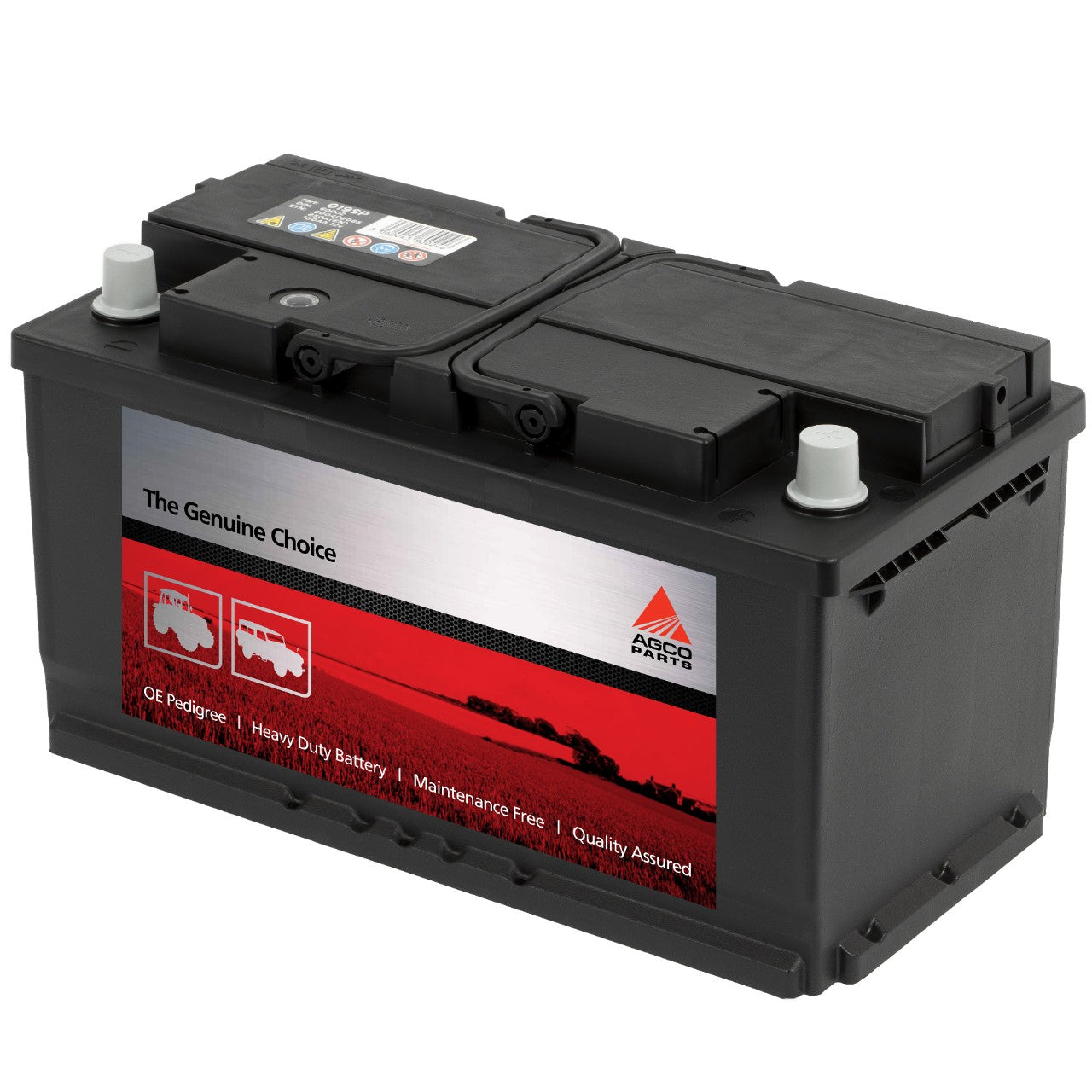 A heavy-duty, maintenance-free black automotive battery with two top terminals, labeled "The Genuine Choice" and "AGCO Parts," featuring trucks and tractors on a red and white background.