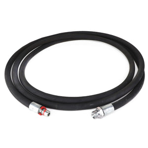 AGCO's HOSE - AL9032518 is a coiled black rubber hose featuring silver connectors at both ends, with one connector distinguished by a red ring near it. No current product description information available.