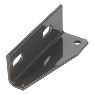 The AGCO BRACKET - D49072300 is a black metal L-shaped bracket, featuring three precision-drilled holes for secure mounting.