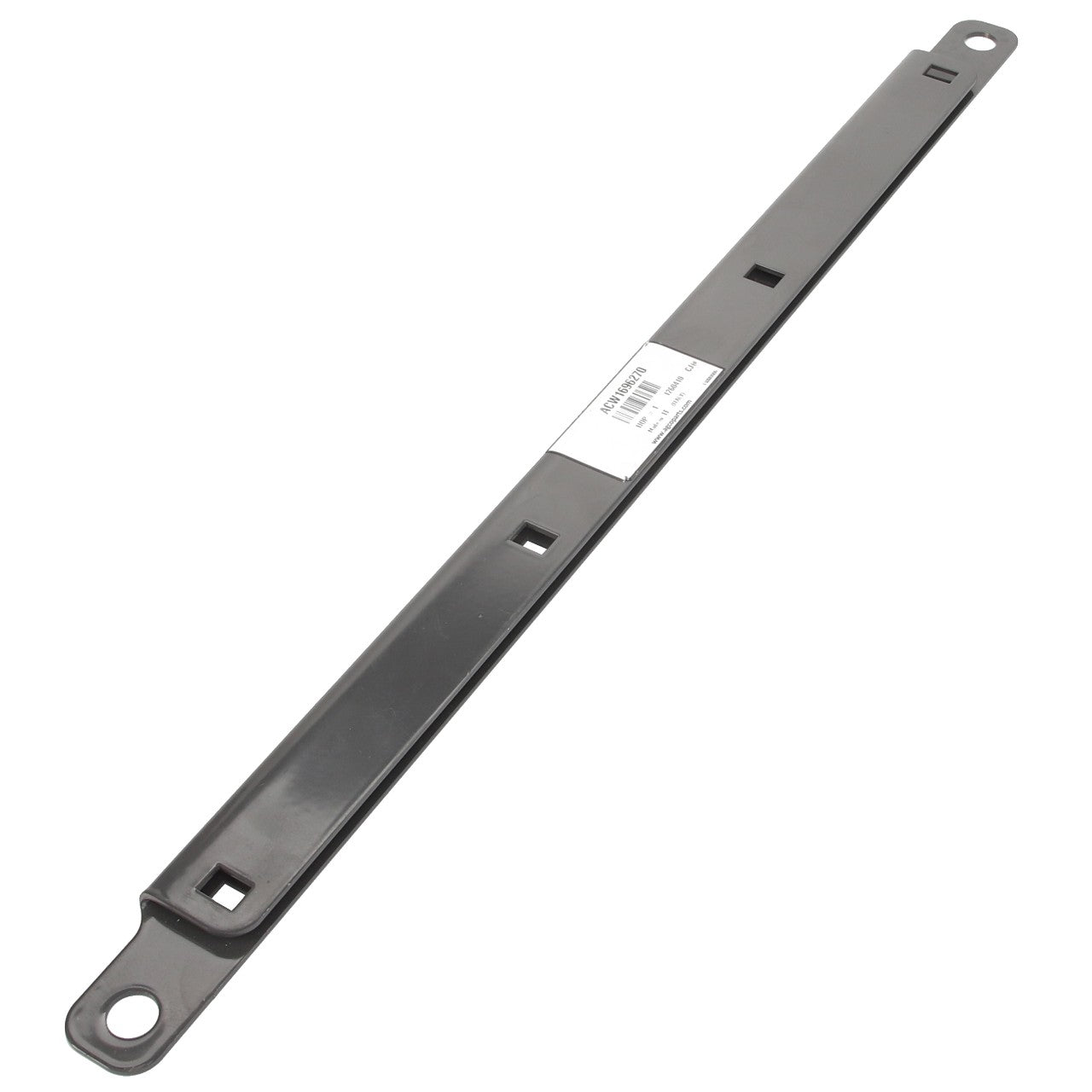 A long, rectangular metal bracket named "Clamp - Acw1696270" by AGCO features a hole at each end and several square cutouts along its length. In the center, there is a white product label with a barcode and some printed text. Please note: No current product description information is available beyond this label.