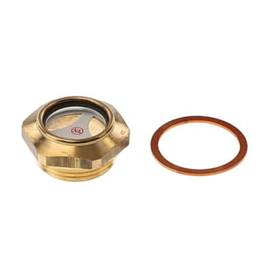 The AGCO Plug - Acp0443750, a brass oil level sight glass featuring a viewing window, comes with an accompanying copper washer ring. Unfortunately, there is no detailed product description available at this time.