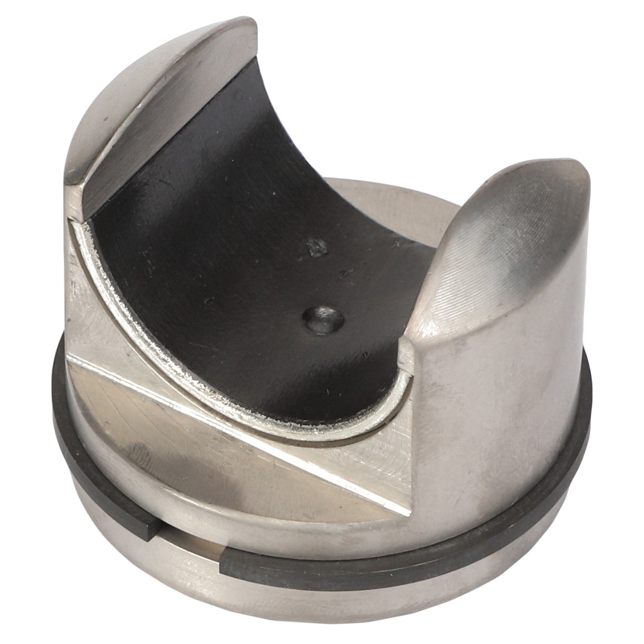 The AGCO | PISTON - AG334943 by AGCO is a sleek mechanical component with a semi-circular, concave shape and metallic finish. It features a black inner lining and a groove around its base.