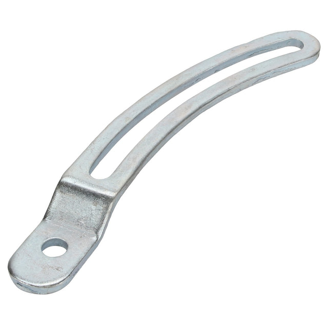 The AGCO Lever - Acp0208740 is a metal bracket with a sleek, curved design that features a slotted opening and a hole at one end, making it ideal for versatile mounting or support purposes.