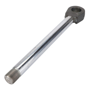 The AGCO CYLINDER ROD - F718860030010 is a robust metallic tie rod end featuring a threaded end and a precise circular attachment point, designed for reliable performance.