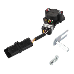 The AGCO Sensor - Acp0428530, featuring a sleek black design with attached wiring, a metallic forked bracket, and an included screw, isolated on a white background. No current product description available.