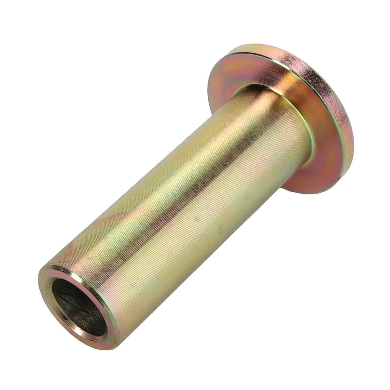 Introducing the AGCO | BUSH - D28780809 by AGCO, a cylindrical metal bushing designed with a flange on one end. This component boasts a smooth surface and a hollow interior, ideal for various applications.