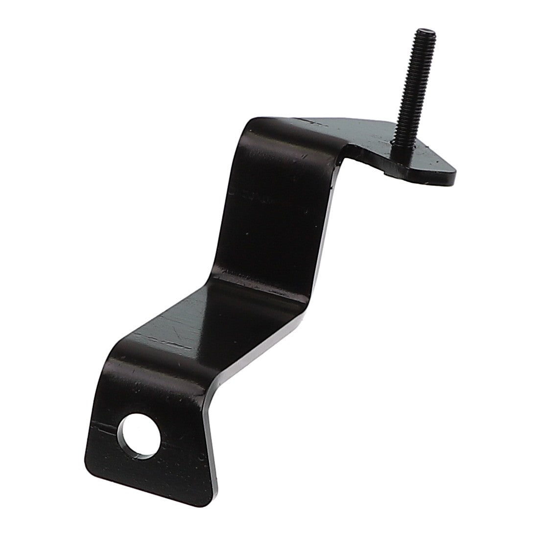 The AGCO | Support - Acw1395850 is a black metal bracket designed with a bolt on one end and a hole on the other, featuring a unique bent, angular structure. Unfortunately, no additional product description information is available at this time.