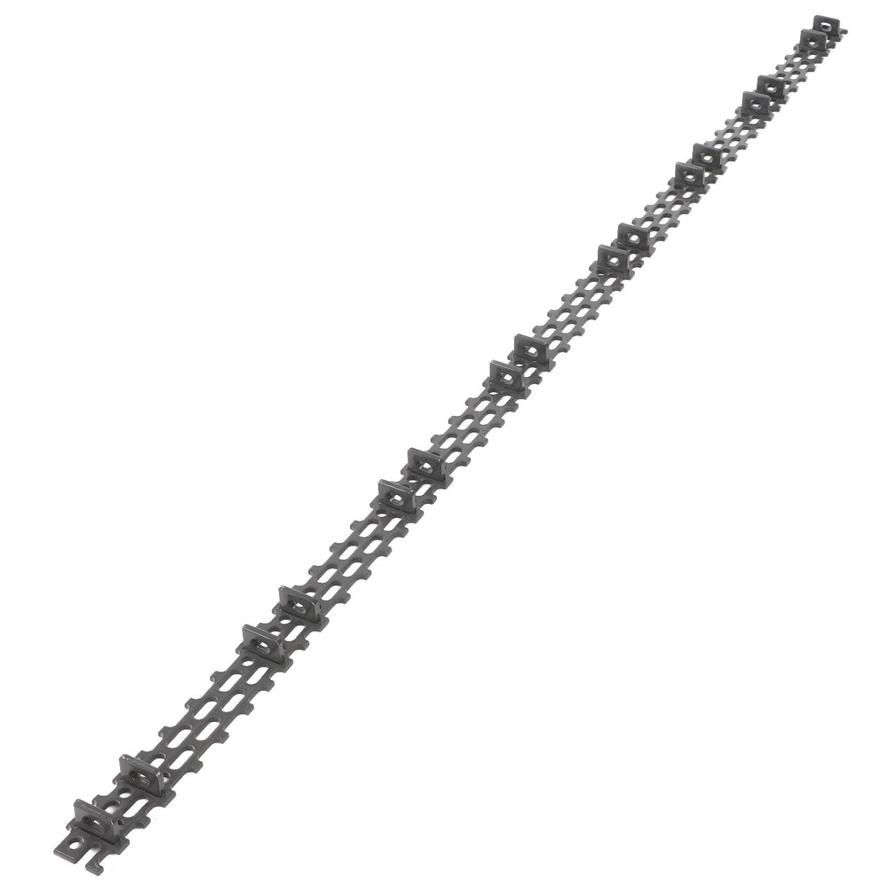 A single grey plastic chain, featuring uniformly spaced rectangular links arranged diagonally on a plain white background, reminiscent of the precision found in AGCO's Slat - La323471950.