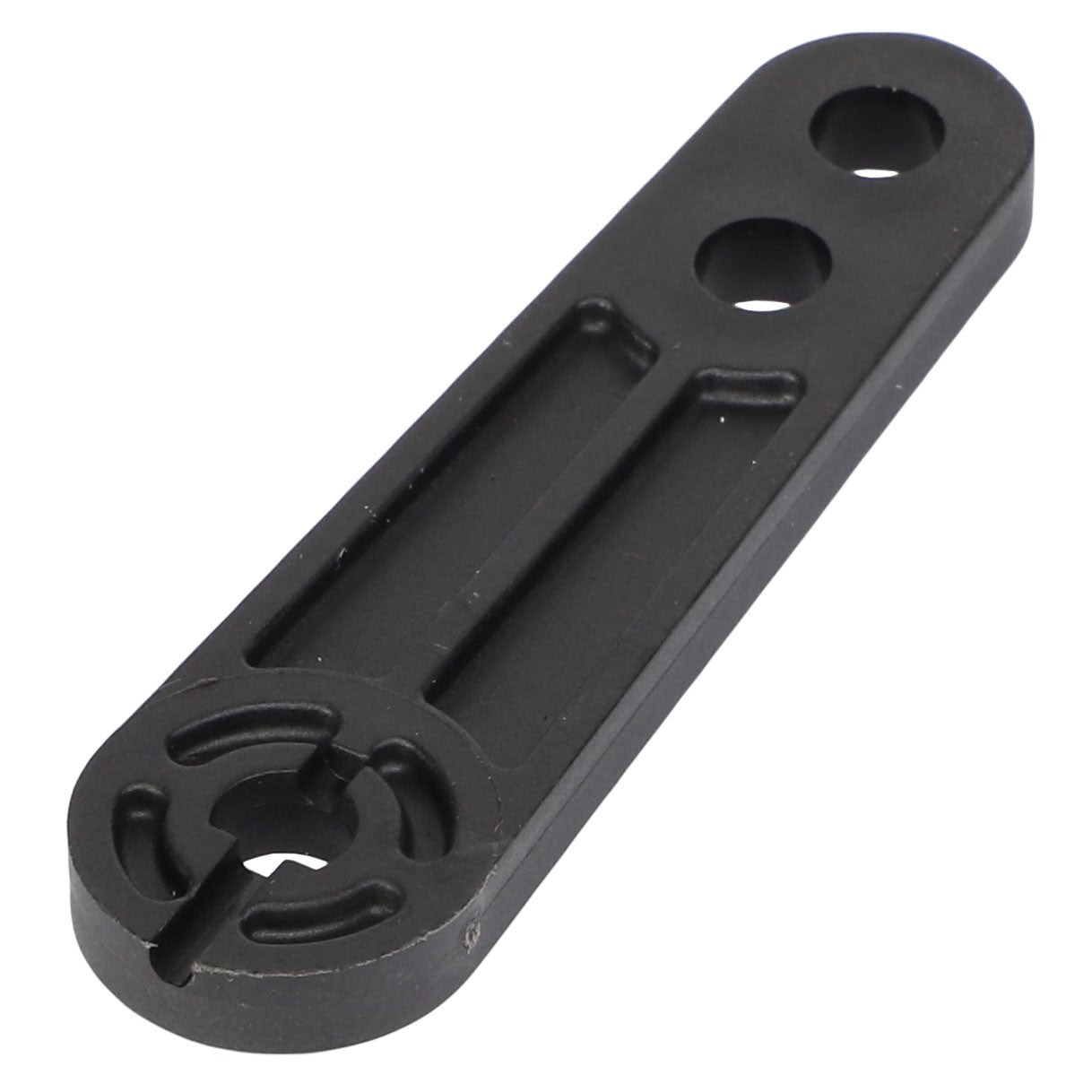 The AGCO Sensor Arm - ACW8787670 is a black metal bracket featuring two circular holes and a slotted hole at one end, making it ideal for mounting or adjusting purposes.