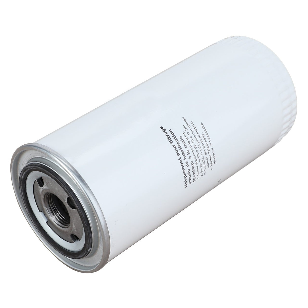 A white cylindrical oil filter with a metal top and a threaded hole, positioned at an angle, featuring small black text printed on the side. No current product description information is available. Product Name: AGCO | OIL FILTER - D46150213 by AGCO.