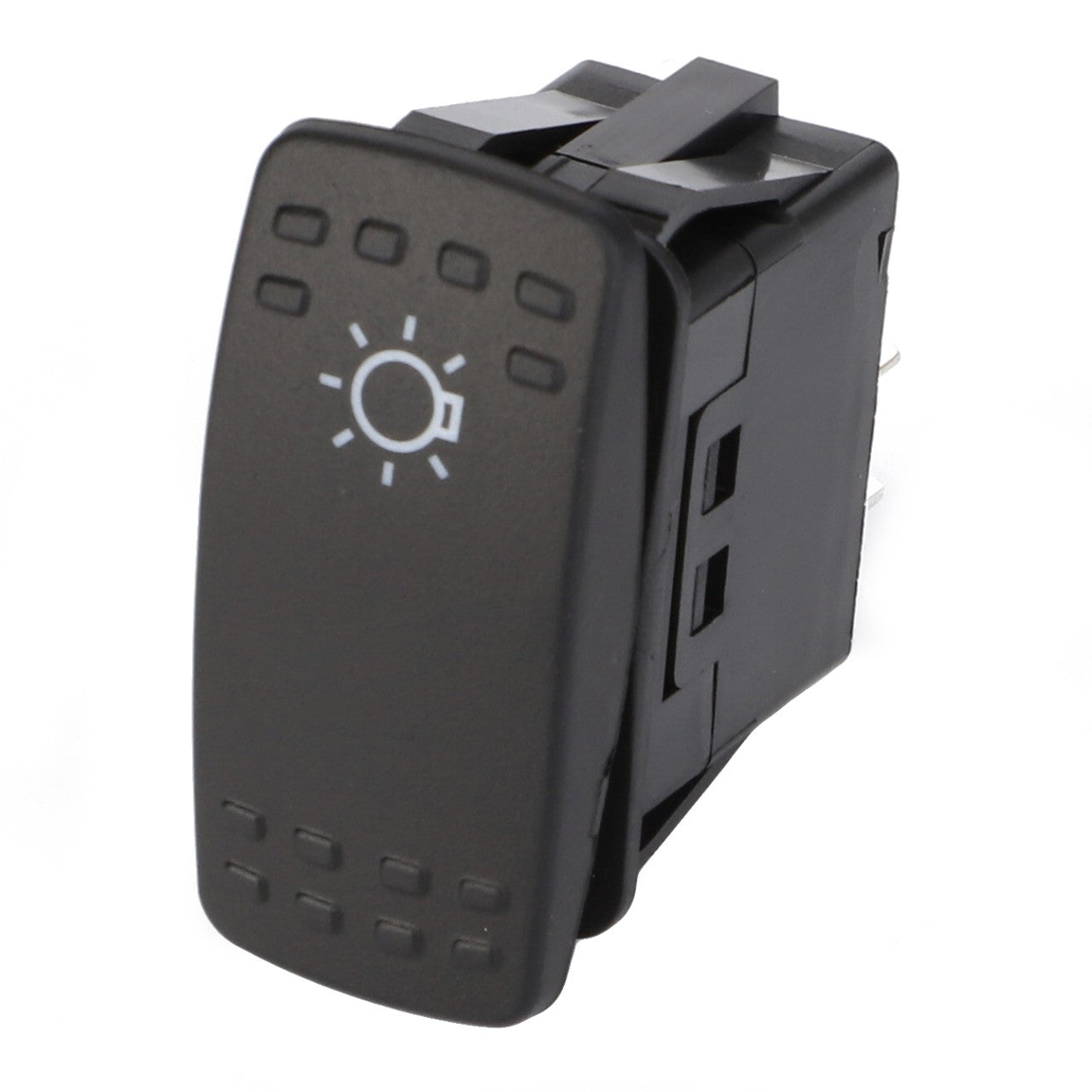 The AGCO | Switch, Rocker - 3809150M1 is a black rocker switch featuring a headlight icon on the front and electrical connectors on the back, compatible with Fendt Models.