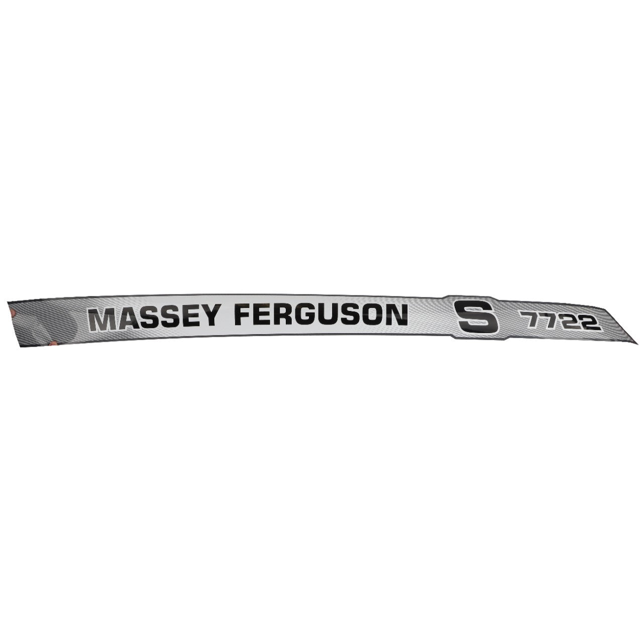 A curved vehicle decal displaying "MASSEY FERGUSON S 7722" with a silver and black color scheme, known as the AGCO | Decal - Acw3587360 from the brand AGCO. No current product description information is available for further details.