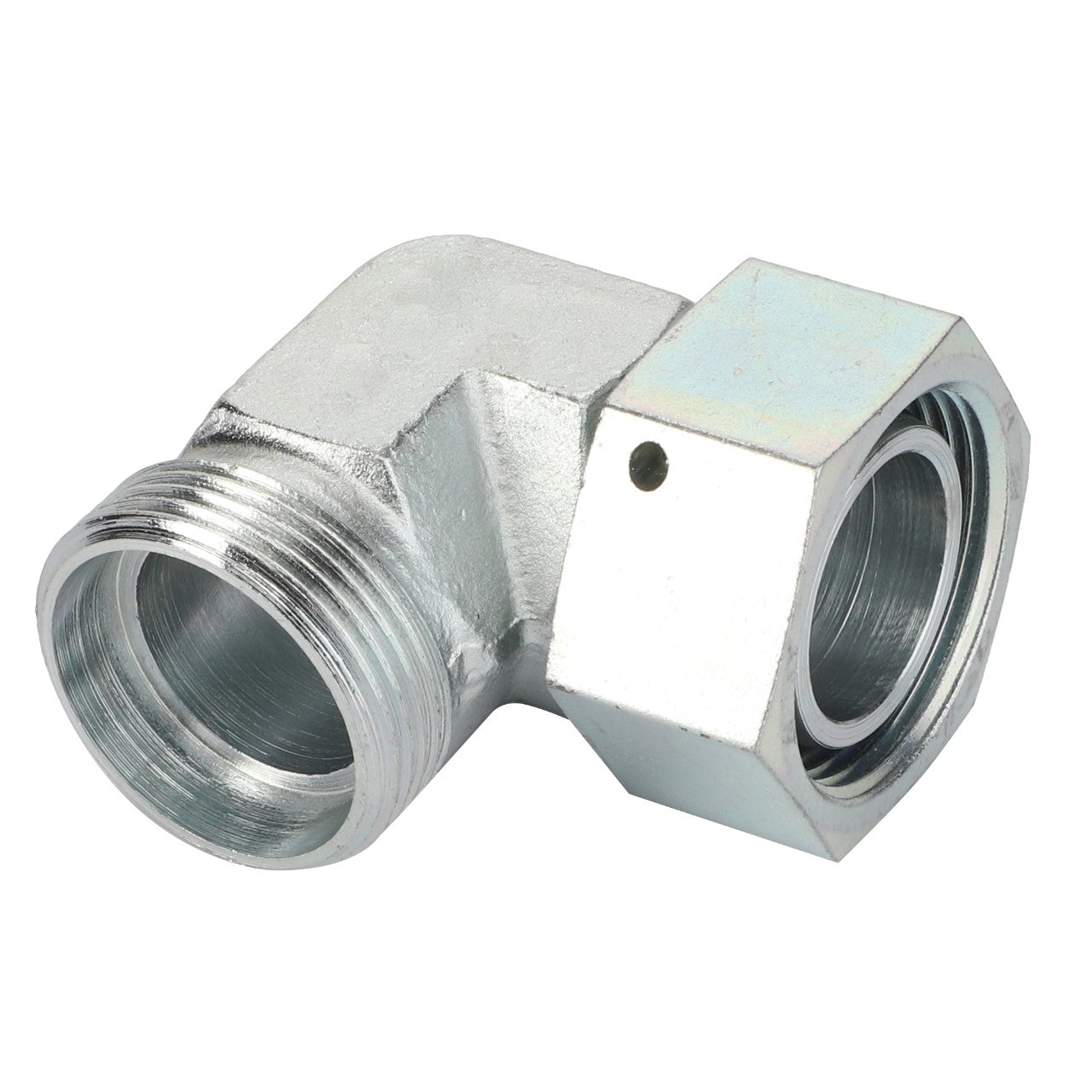 The AGCO Swivel Elbow Fitting - Acw3030960 is a robust metallic L-shaped pipe fitting with threaded ends, meticulously designed to connect two pipes at an exact 90-degree angle.