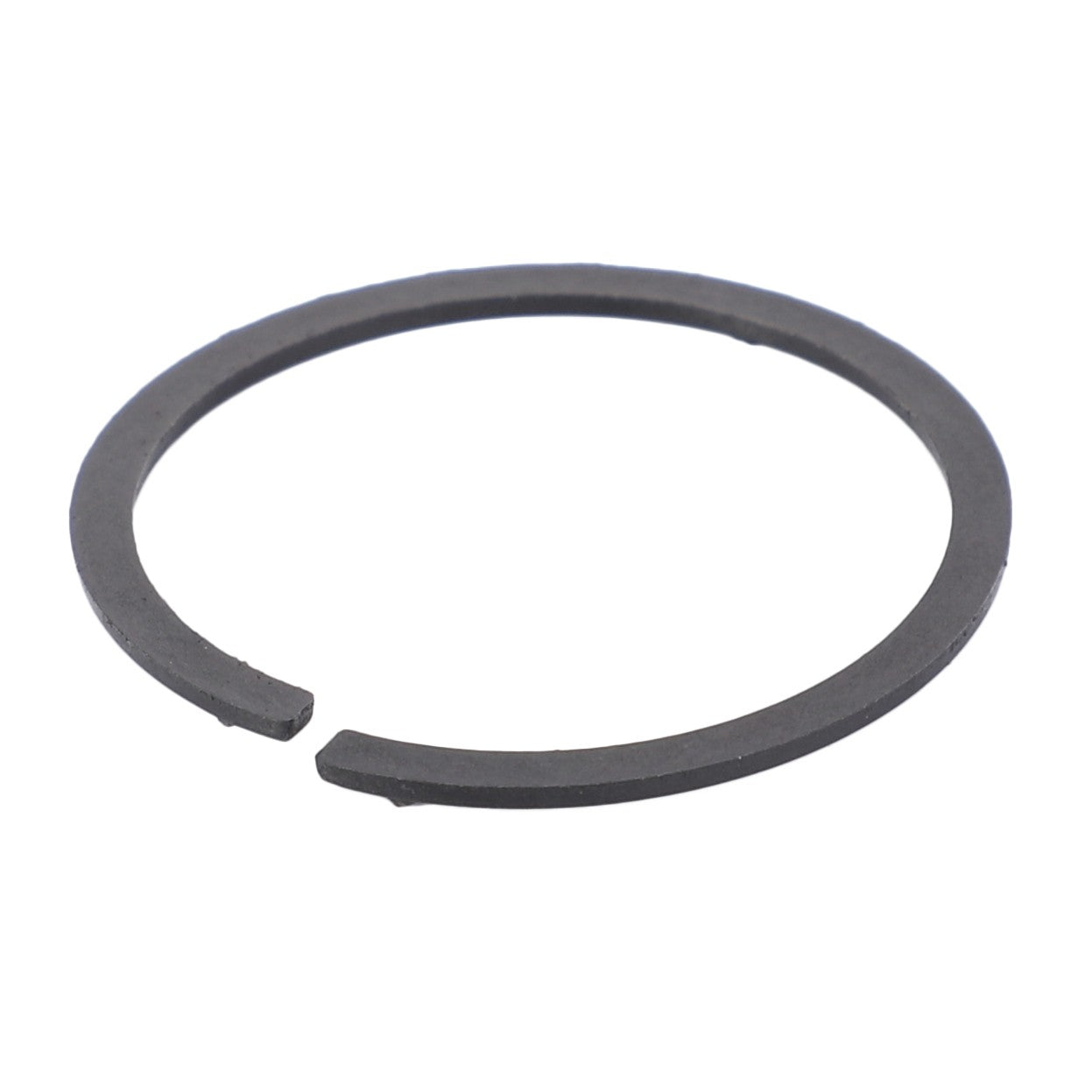 The AGCO Spacer Ring - F119200710180 from the reputable brand AGCO is crafted from dark grey metal and features an open-ended snap ring design, ideal for securing the position of components on a shaft or in a bore.