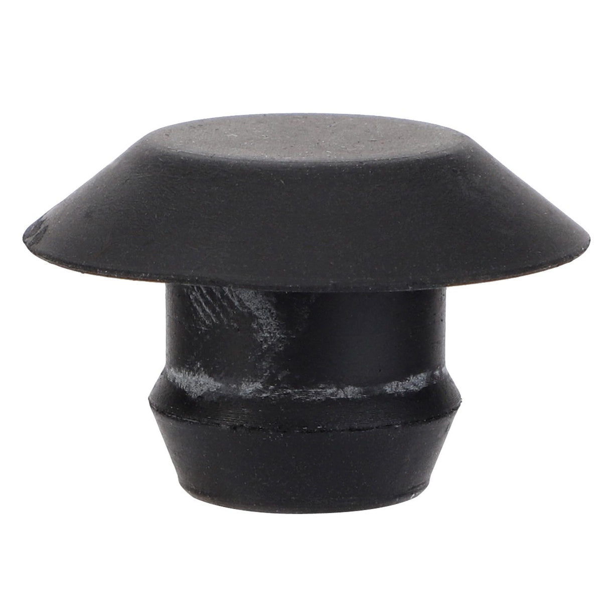 A black rubber stopper with a flared top and wide base, known as the AGCO | Plug - 3713404M1, is typically used for sealing containers or tubes in various Massey Ferguson Models.