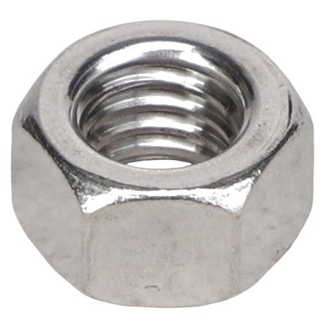 A close-up image of the AGCO | HEX NUT - AG562065, a silver hexagonal nut from the brand AGCO, often used in conjunction with a bolt to fasten objects together. No current product description information is available.