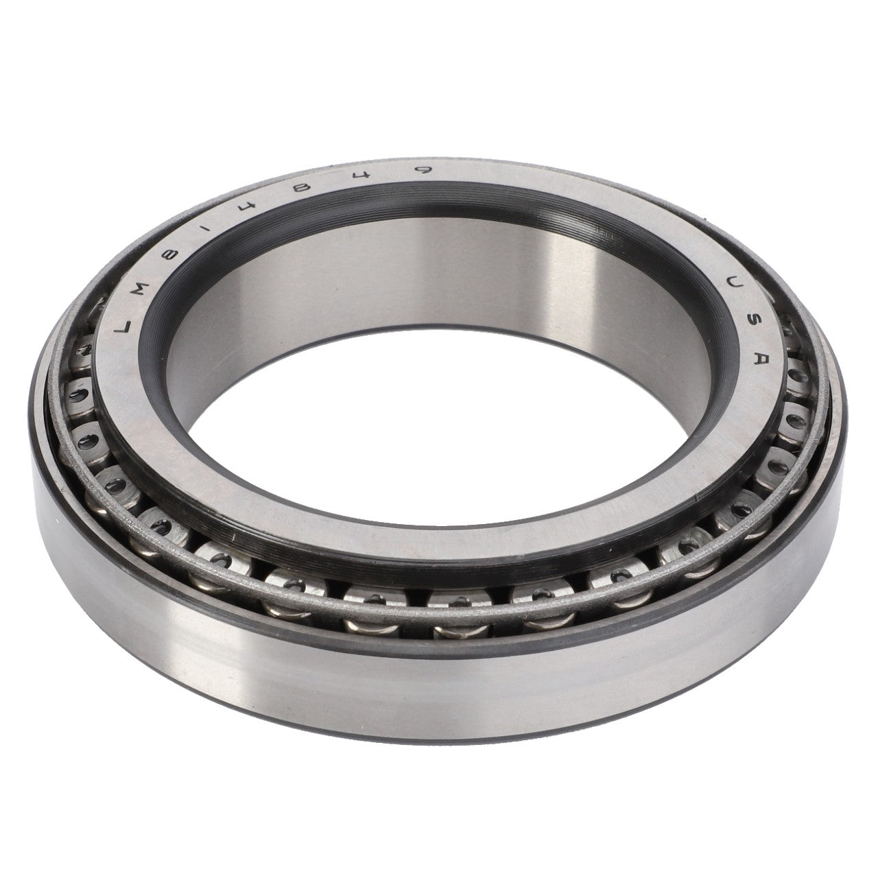 The AGCO | Taper Roller Bearing - 3798053M91 by AGCO features a metal inner ring, outer ring, and tapered rollers designed to support heavy radial loads and axial thrust loads, making it ideal for use in automotive and industrial machinery.