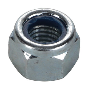 A close-up image of the AGCO | NUT - AL5011556, a hexagonal metal nut featuring an internal thread and a blue nylon insert from the AGCO brand.