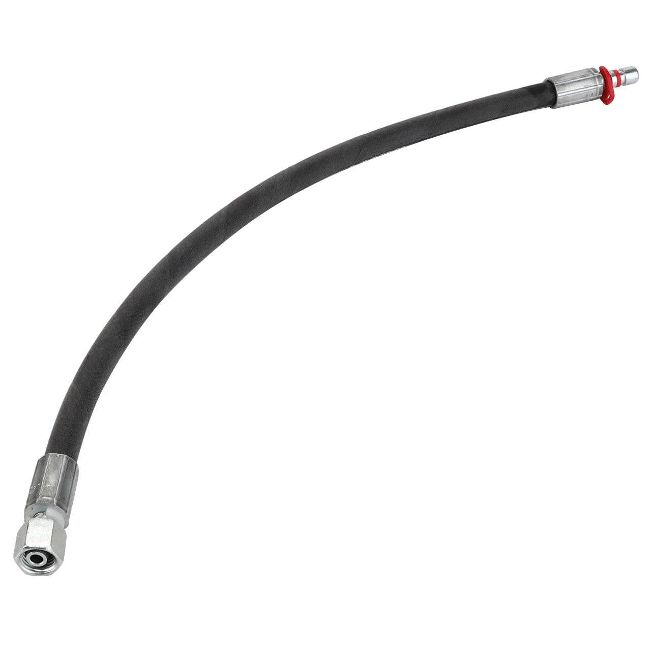 The AGCO Hydr. Hose - Acw2916140 by AGCO is a flexible black hose featuring metal fittings on both ends, with one side equipped with a hexagonal coupling and the other sporting a cylindrical connector. However, no current product description information is available.