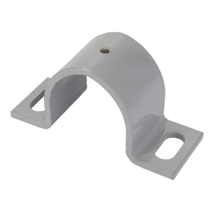 Product Description: The AGCO HALF FLANGE - D28283300 is a metal U-shaped bracket featuring two mounting holes at the base and a central hole on top.