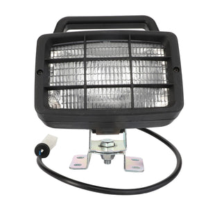 Introducing the AGCO Worklight - La321932500: a rectangular vehicle work light featuring a black casing, grid cover, and mounting bracket. It comes equipped with a black power cable ending in a white connector. This durable accessory ensures reliable performance as part of our collection of genuine AGCO parts.